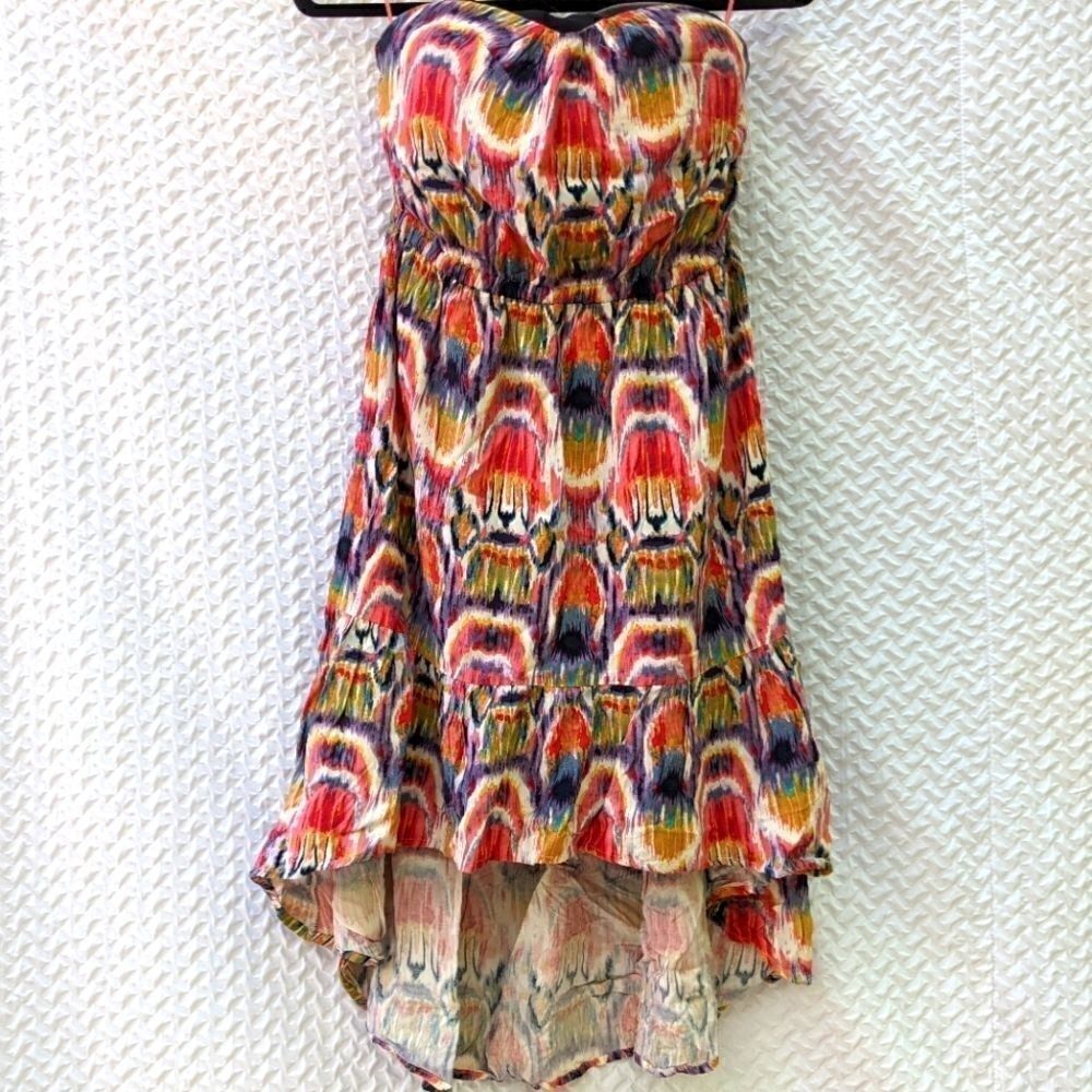 BB Dakota size small strapless, padded high low dress multi color pattern